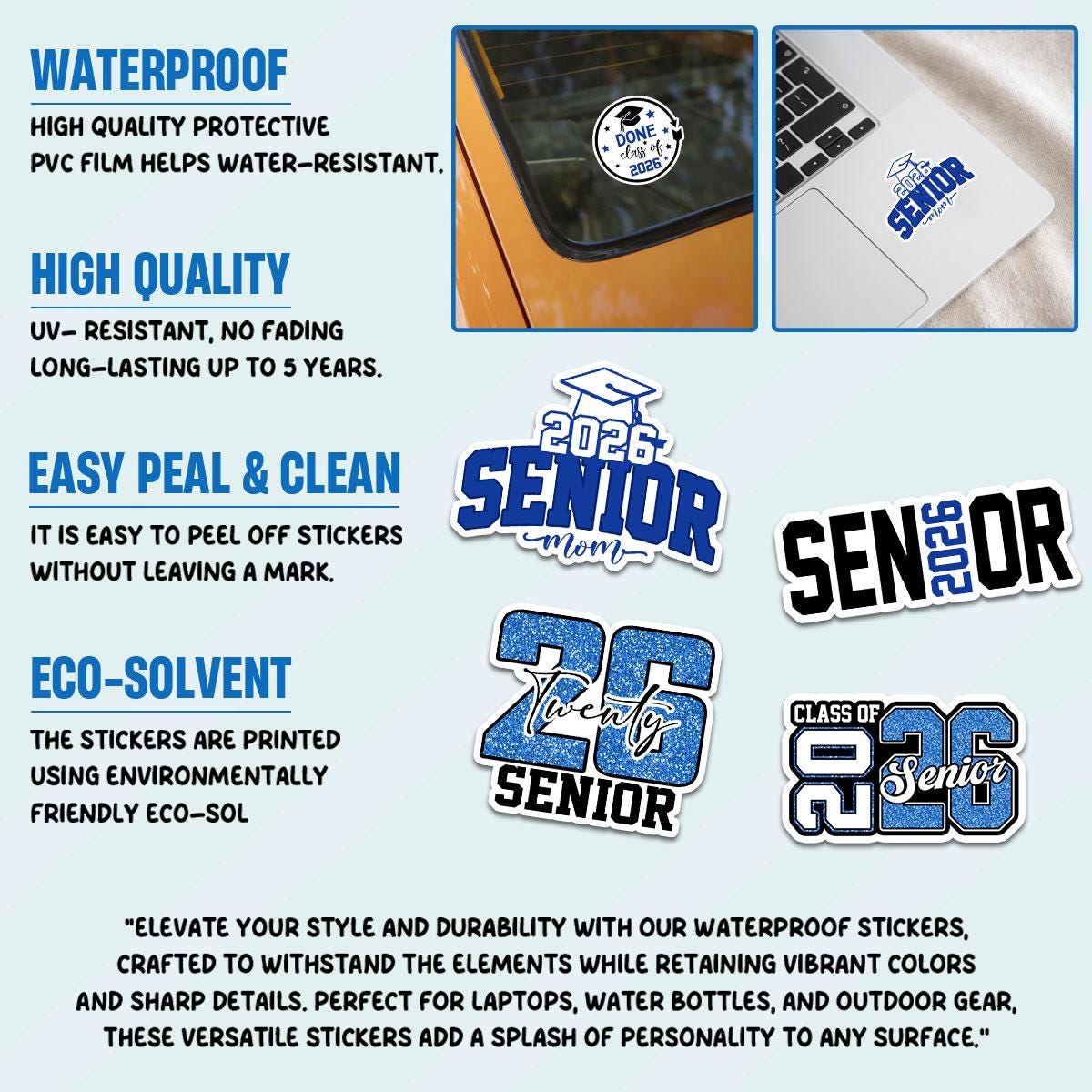 10 Pcs Senior Class of 2026 Sticker Pack – Vinyl Stickers, Blue & White, Graduation, Class Pride, Senior Year, High School Graduation