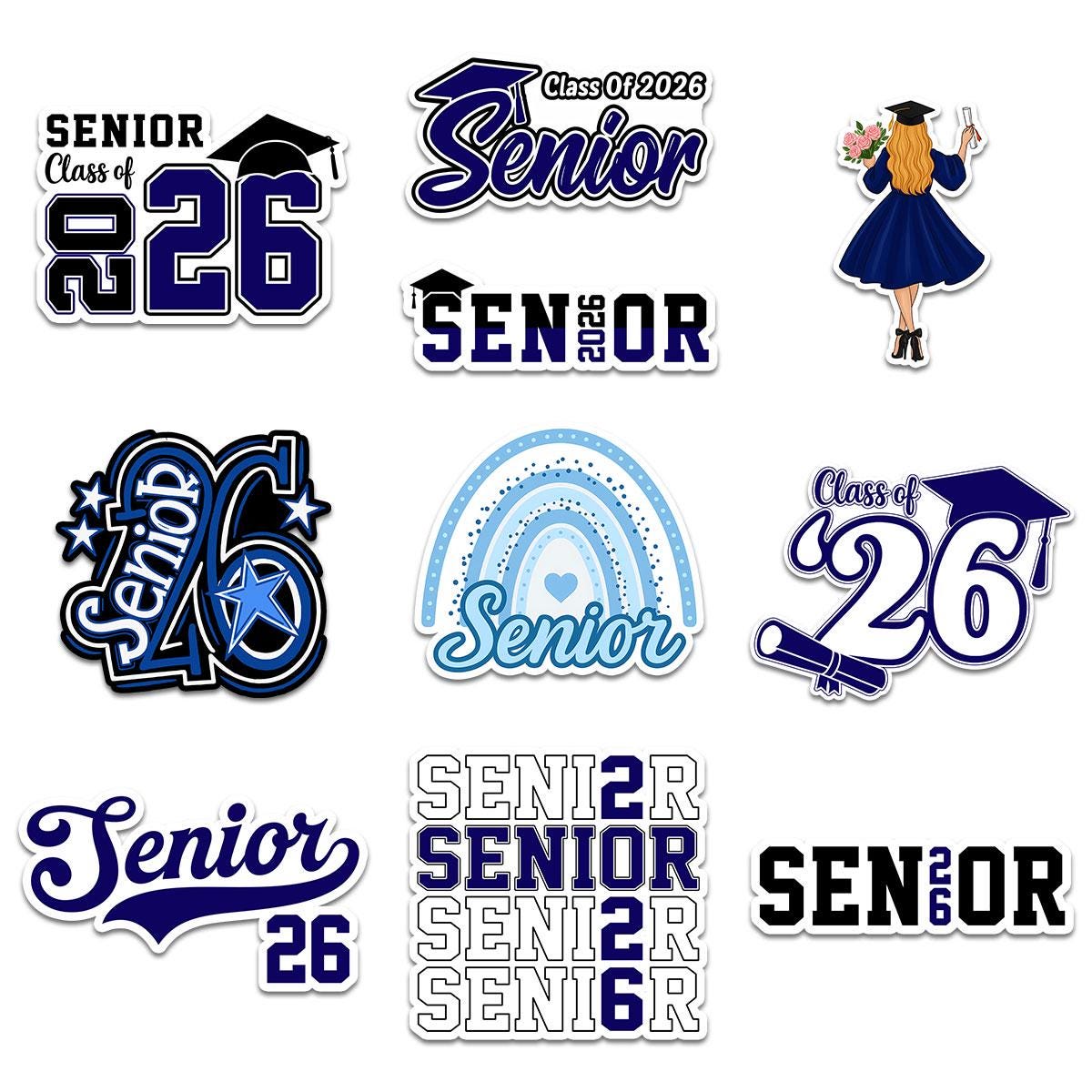 10 Pcs Class of 2026 Senior Stickers Pack | Graduation Vinyl Decals | Waterproof Sticker Gift for High School Seniors