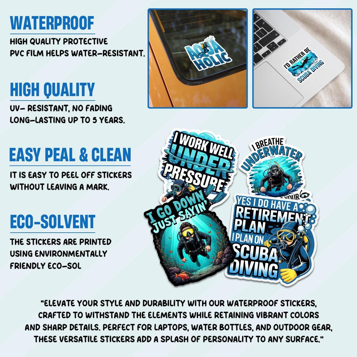 10 Pcs Scuba Diving Stickers Pack | Funny Waterproof Vinyl Diver Decals | Gift for Ocean & Dive Lovers