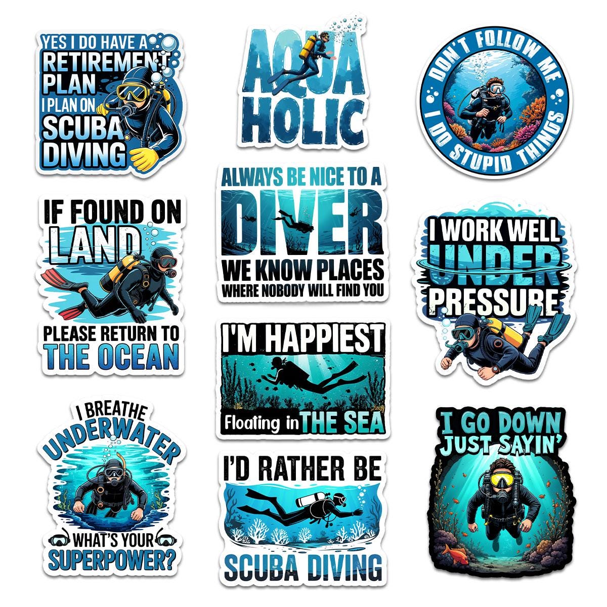10 Pcs Scuba Diving Stickers Pack | Funny Waterproof Vinyl Diver Decals | Gift for Ocean & Dive Lovers