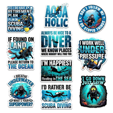 10 Pcs Scuba Diving Stickers Pack | Funny Waterproof Vinyl Diver Decals | Gift for Ocean & Dive Lovers