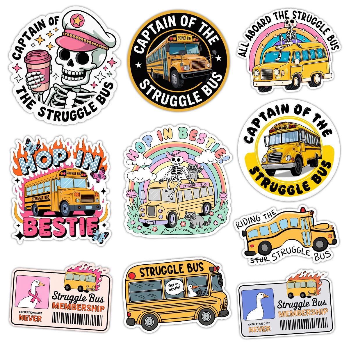 10 Pcs Struggle Bus Stickers Pack | Funny Meme Skeleton Decals | Mental Health Humor Gift for Friends – Waterproof Stickers