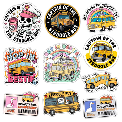 10 Pcs Struggle Bus Stickers Pack | Funny Meme Skeleton Decals | Mental Health Humor Gift for Friends – Waterproof Stickers