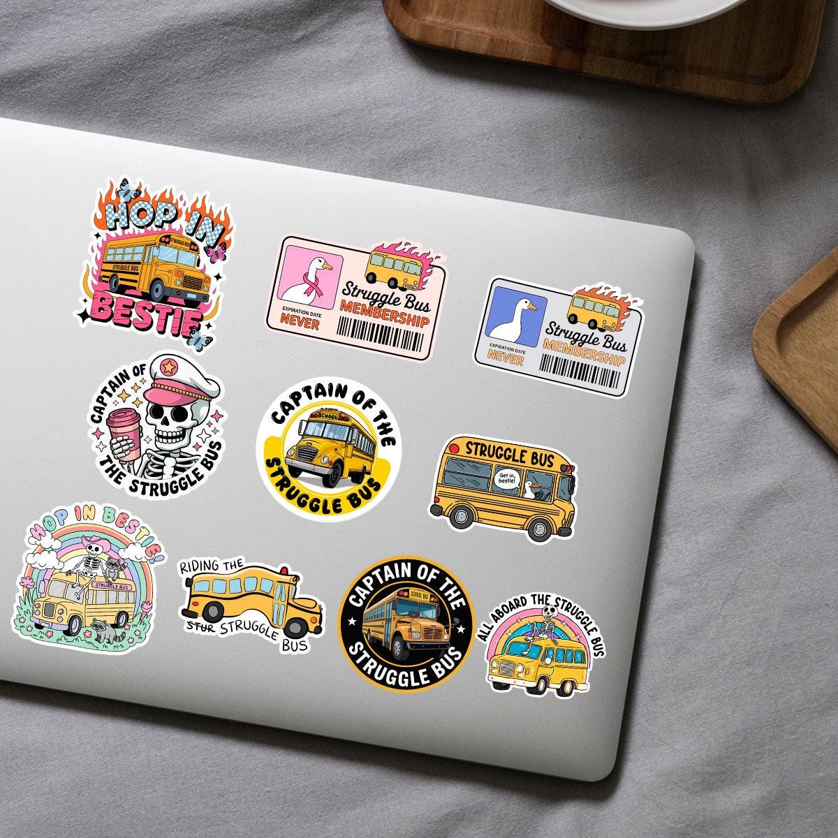 10 Pcs Struggle Bus Stickers Pack | Funny Meme Skeleton Decals | Mental Health Humor Gift for Friends – Waterproof Stickers