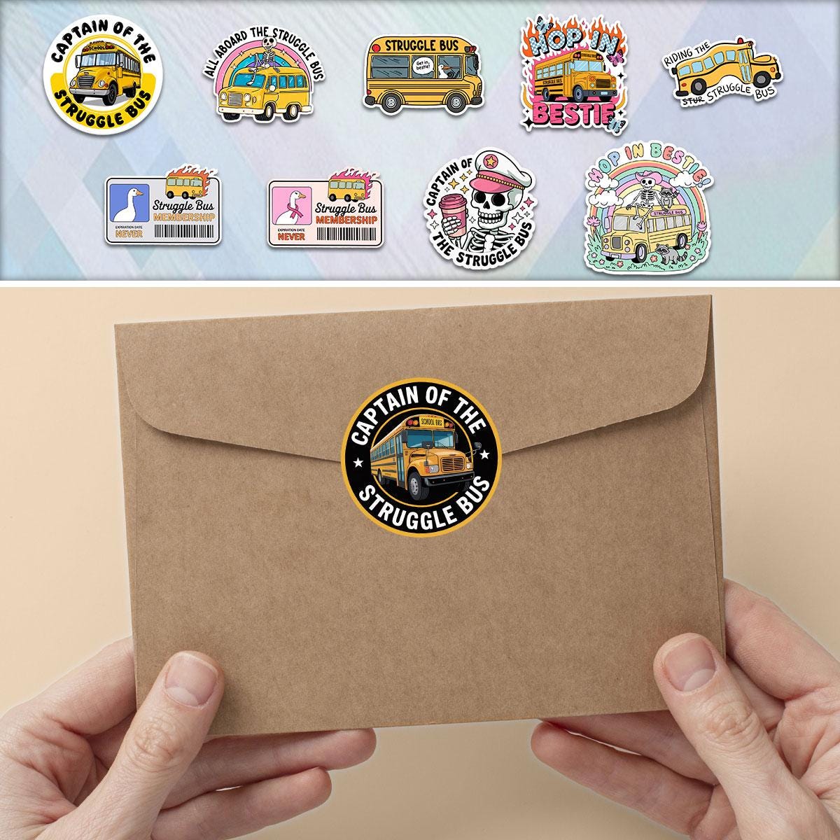10 Pcs Struggle Bus Stickers Pack | Funny Meme Skeleton Decals | Mental Health Humor Gift for Friends – Waterproof Stickers