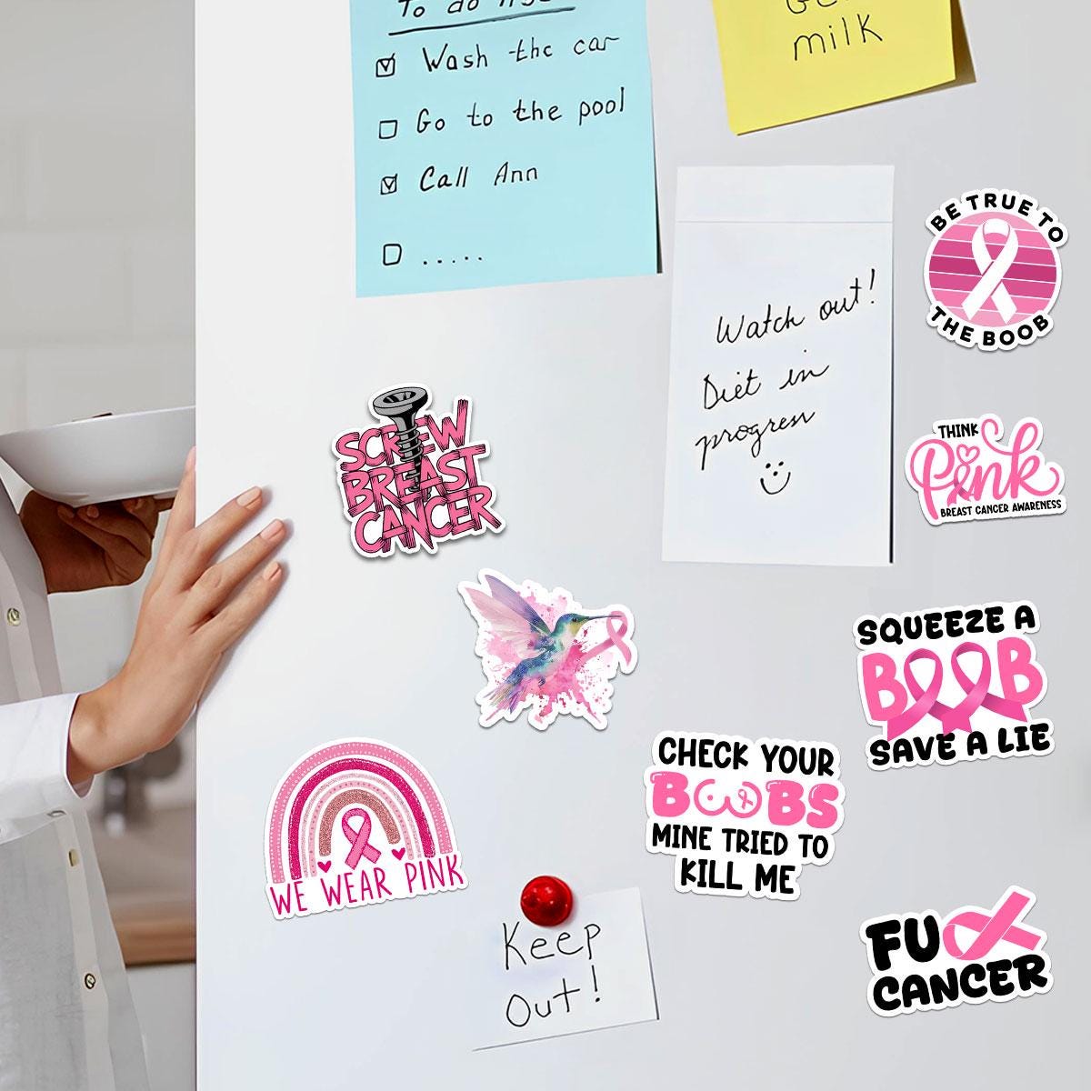 10 Pcs Breast Cancer Stickers Pack | Bold Pink Ribbon Awareness Decals | Funny FU Cancer Gift for Warriors & Survivors