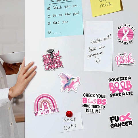 10 Pcs Breast Cancer Stickers Pack | Bold Pink Ribbon Awareness Decals | Funny FU Cancer Gift for Warriors & Survivors