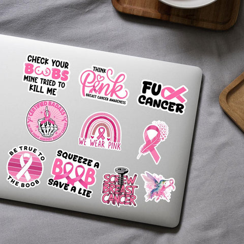 10 Pcs Breast Cancer Stickers Pack | Bold Pink Ribbon Awareness Decals | Funny FU Cancer Gift for Warriors & Survivors