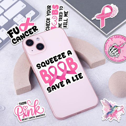 10 Pcs Breast Cancer Stickers Pack | Bold Pink Ribbon Awareness Decals | Funny FU Cancer Gift for Warriors & Survivors