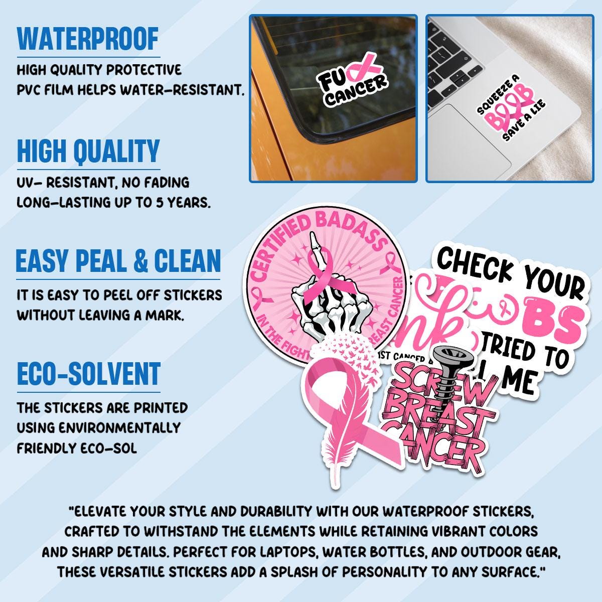 10 Pcs Breast Cancer Stickers Pack | Bold Pink Ribbon Awareness Decals | Funny FU Cancer Gift for Warriors & Survivors