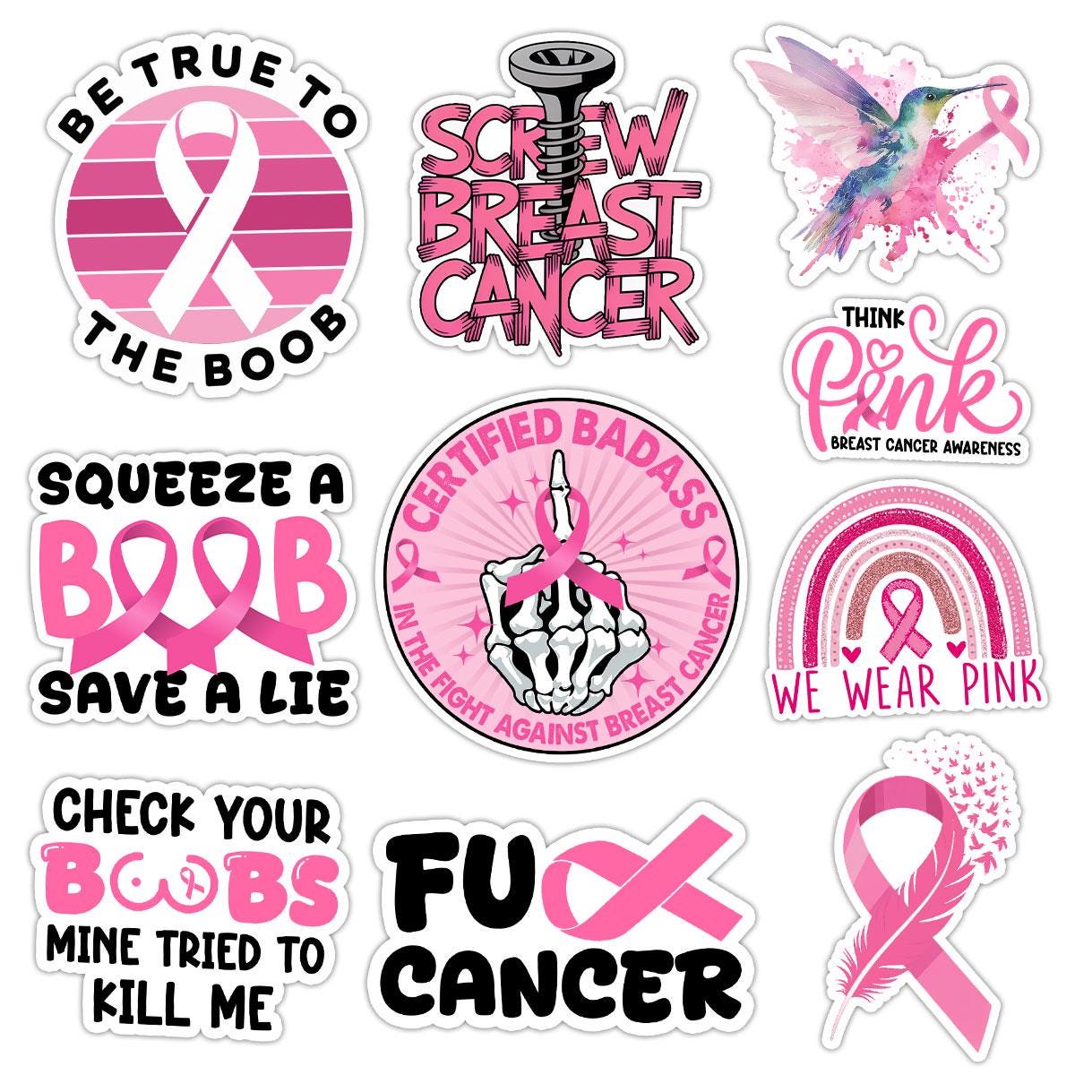 10 Pcs Breast Cancer Stickers Pack | Bold Pink Ribbon Awareness Decals | Funny FU Cancer Gift for Warriors & Survivors