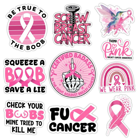10 Pcs Breast Cancer Stickers Pack | Bold Pink Ribbon Awareness Decals | Funny FU Cancer Gift for Warriors & Survivors