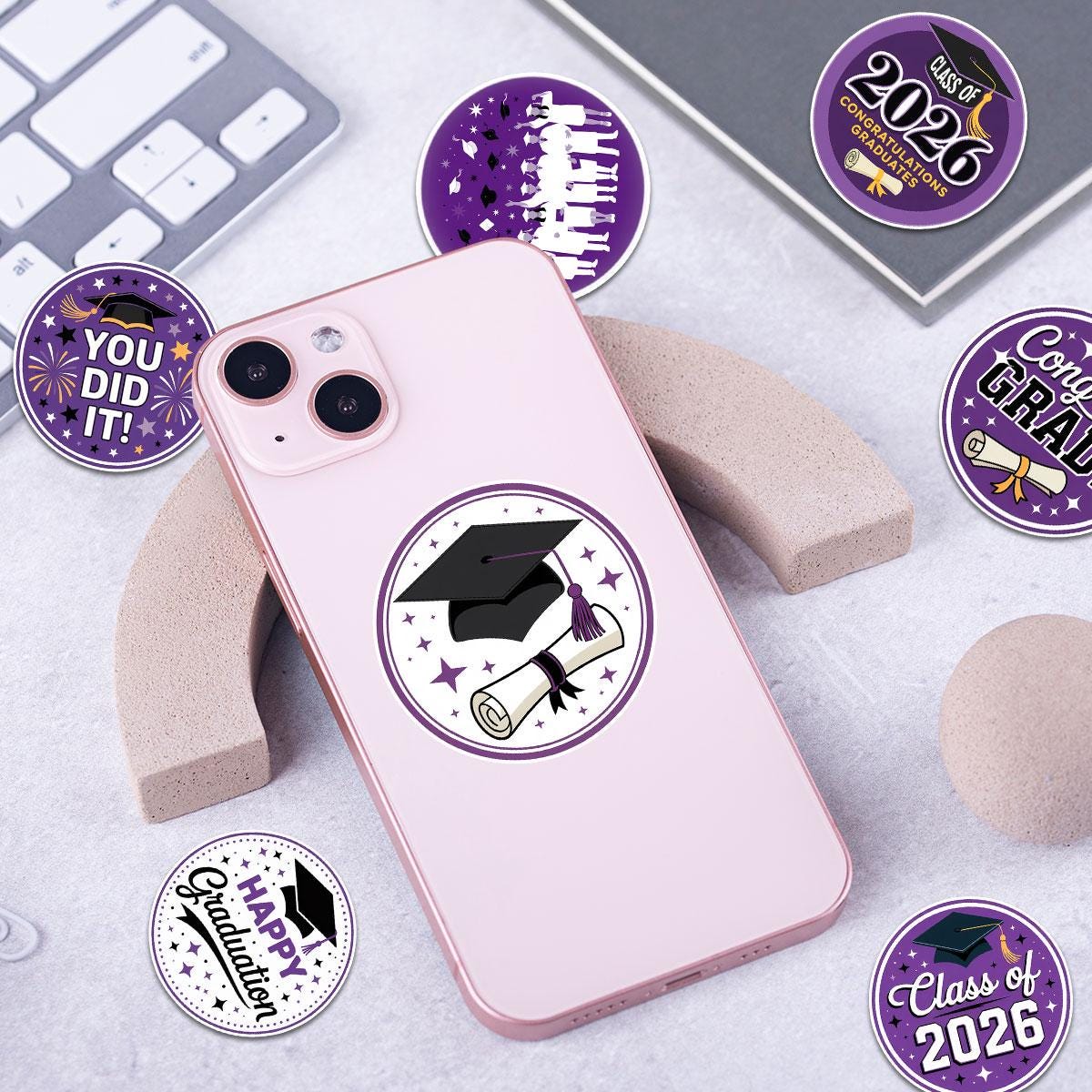 10 Pcs Class of 2026 Graduation Stickers | Purple Congrats Vinyl Decals | Senior Gift for Grads & Scrapbooks