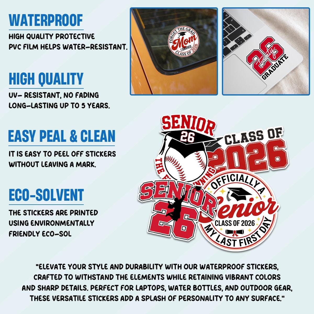 10 Pcs Class of 2026 Graduation Stickers | Bold Red Senior Vinyl Decals | Gift for Grads, Moms & Scrapbooks