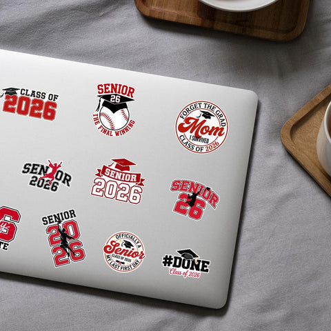 10 Pcs Class of 2026 Graduation Stickers | Bold Red Senior Vinyl Decals | Gift for Grads, Moms & Scrapbooks