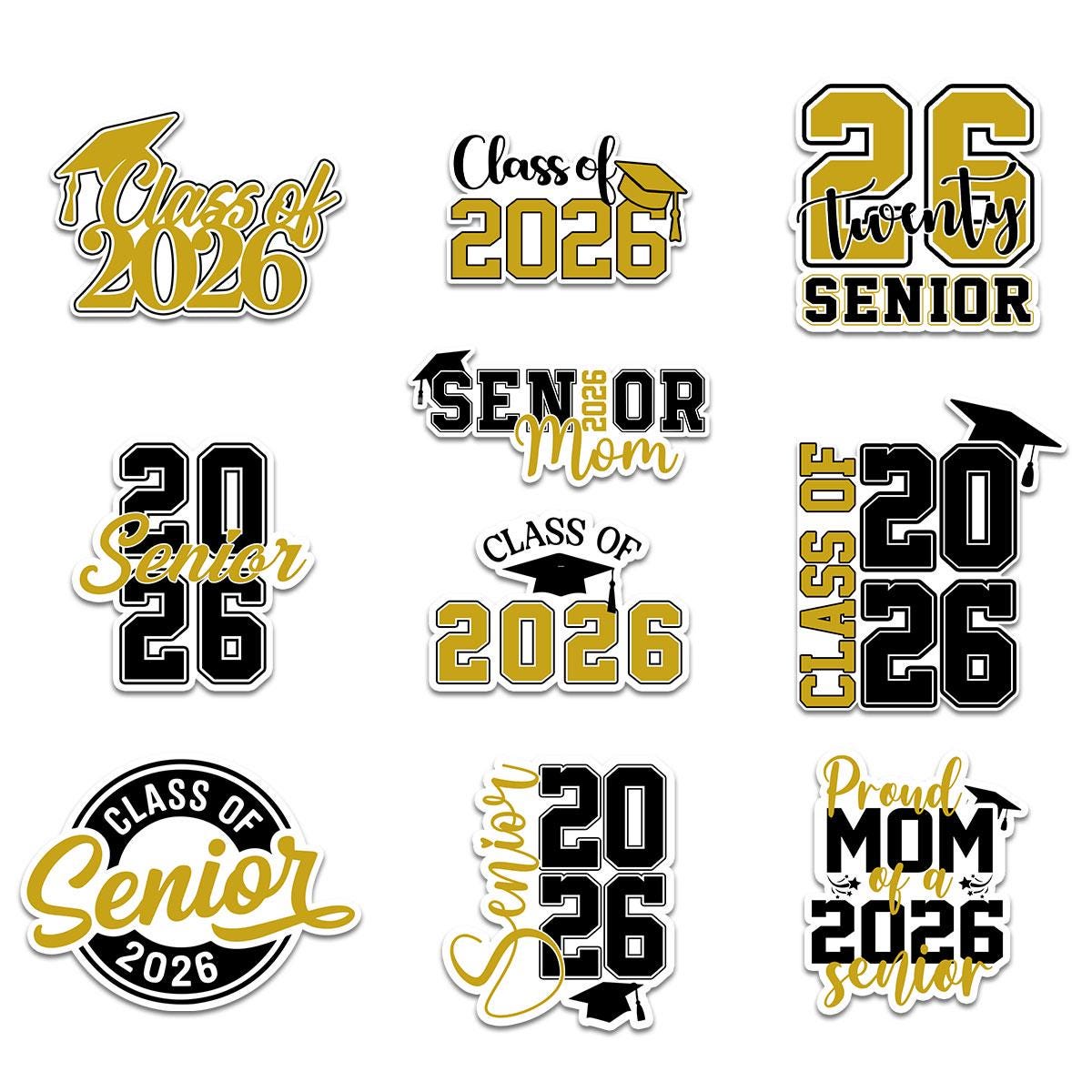 10 Pcs Class of 2026 Senior Stickers | Gold & Black Graduation Vinyl Decals | Gift for Grads, Senior Moms or Scrapbooks