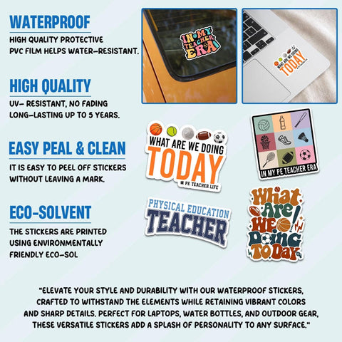 10 Pcs PE Teacher Stickers Pack | Fun & Colorful Physical Education Vinyl Decals | Gift for Teachers, Coaches and PE Lovers
