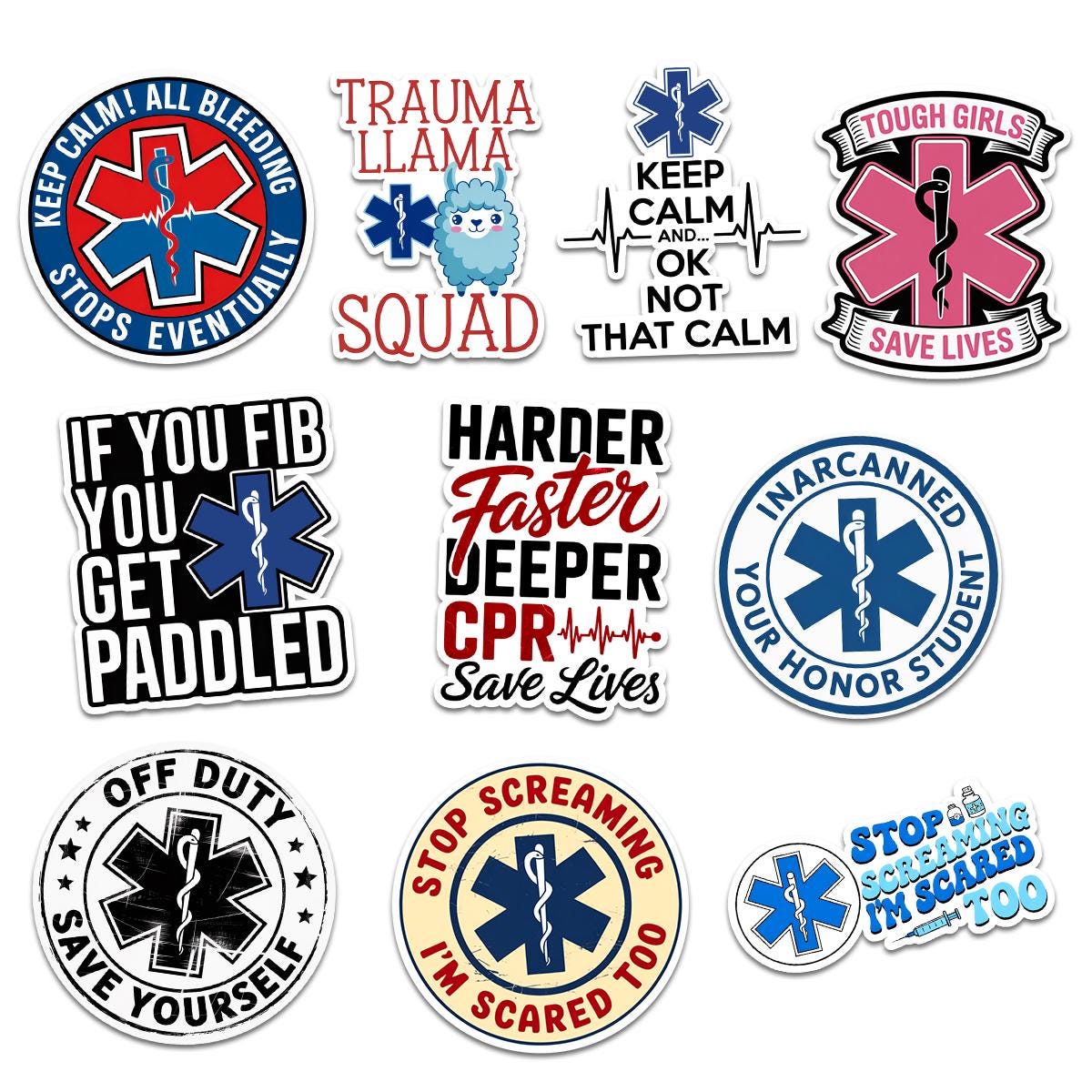 10 Pcs EMS Stickers | Funny Medical Decal Pack of 10 | Paramedic Quotes, CPR, Trauma Squad