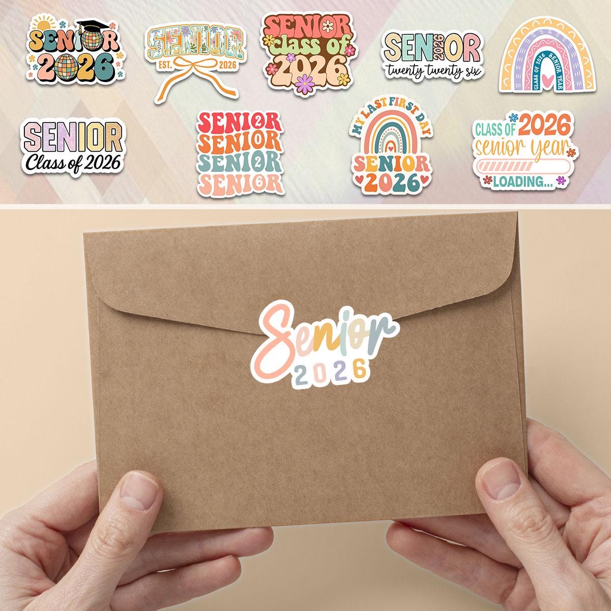 10 Pcs Pastel Senior 2026 Sticker Pack – Cute Class of 2026 Graduation Stickers – Aesthetic Vinyl Decals for Laptop, Water Bottle, Journal