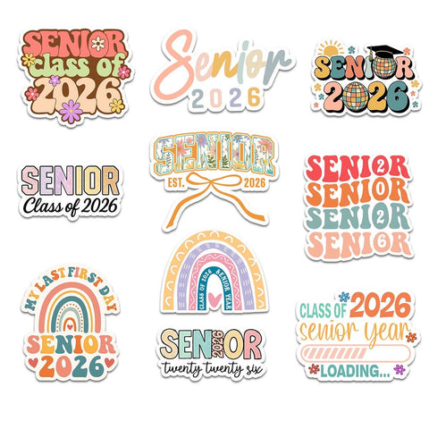 10 Pcs Pastel Senior 2026 Sticker Pack – Cute Class of 2026 Graduation Stickers – Aesthetic Vinyl Decals for Laptop, Water Bottle, Journal