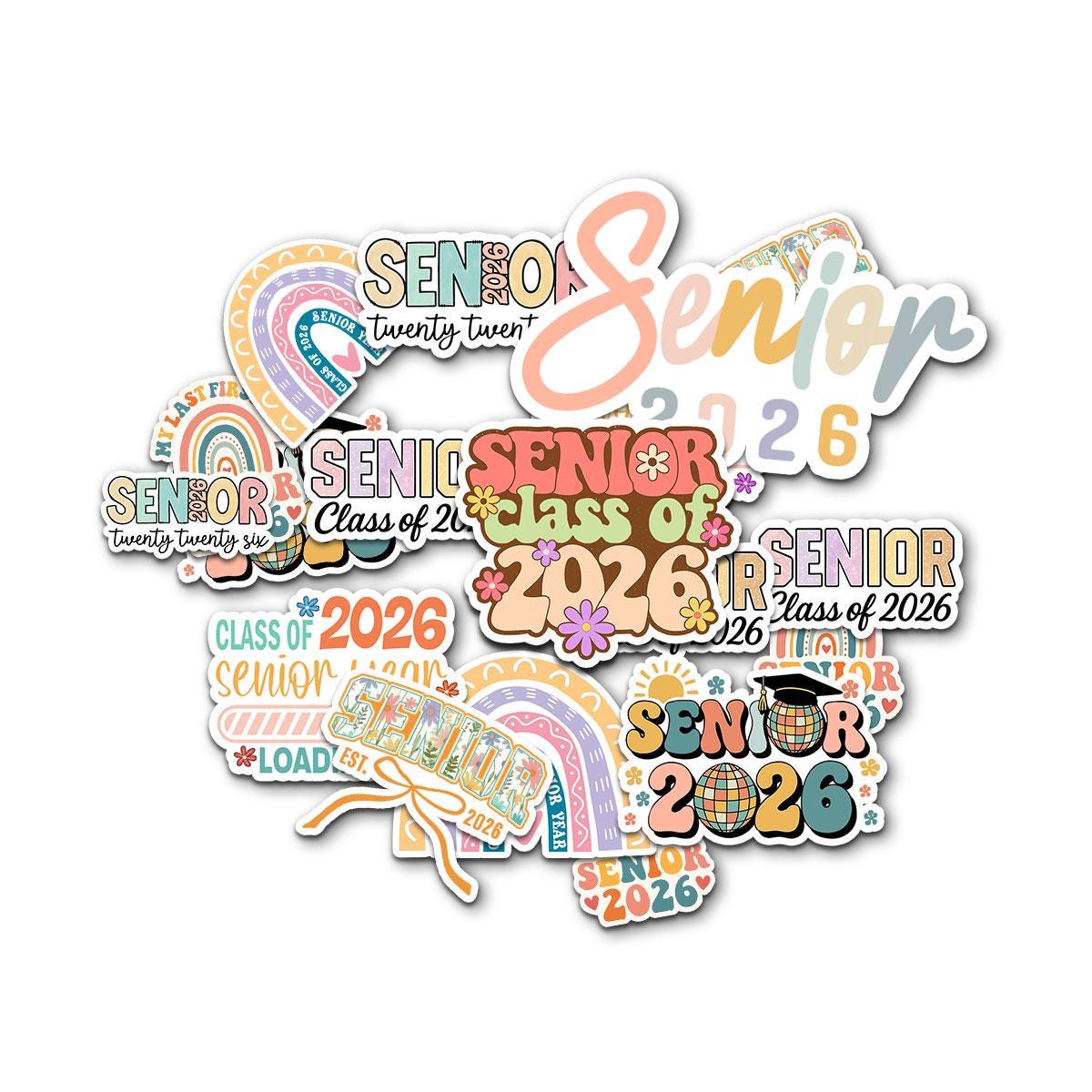 10 Pcs Pastel Senior 2026 Sticker Pack – Cute Class of 2026 Graduation Stickers – Aesthetic Vinyl Decals for Laptop, Water Bottle, Journal