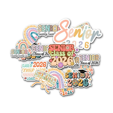 10 Pcs Pastel Senior 2026 Sticker Pack – Cute Class of 2026 Graduation Stickers – Aesthetic Vinyl Decals for Laptop, Water Bottle, Journal