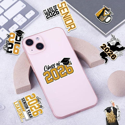 10 Pcs Senior Class of 2026 Sticker Pack – 10 Vinyl Stickers, Graduation, Class Pride, Black & Gold, Senior Year, High School Graduation