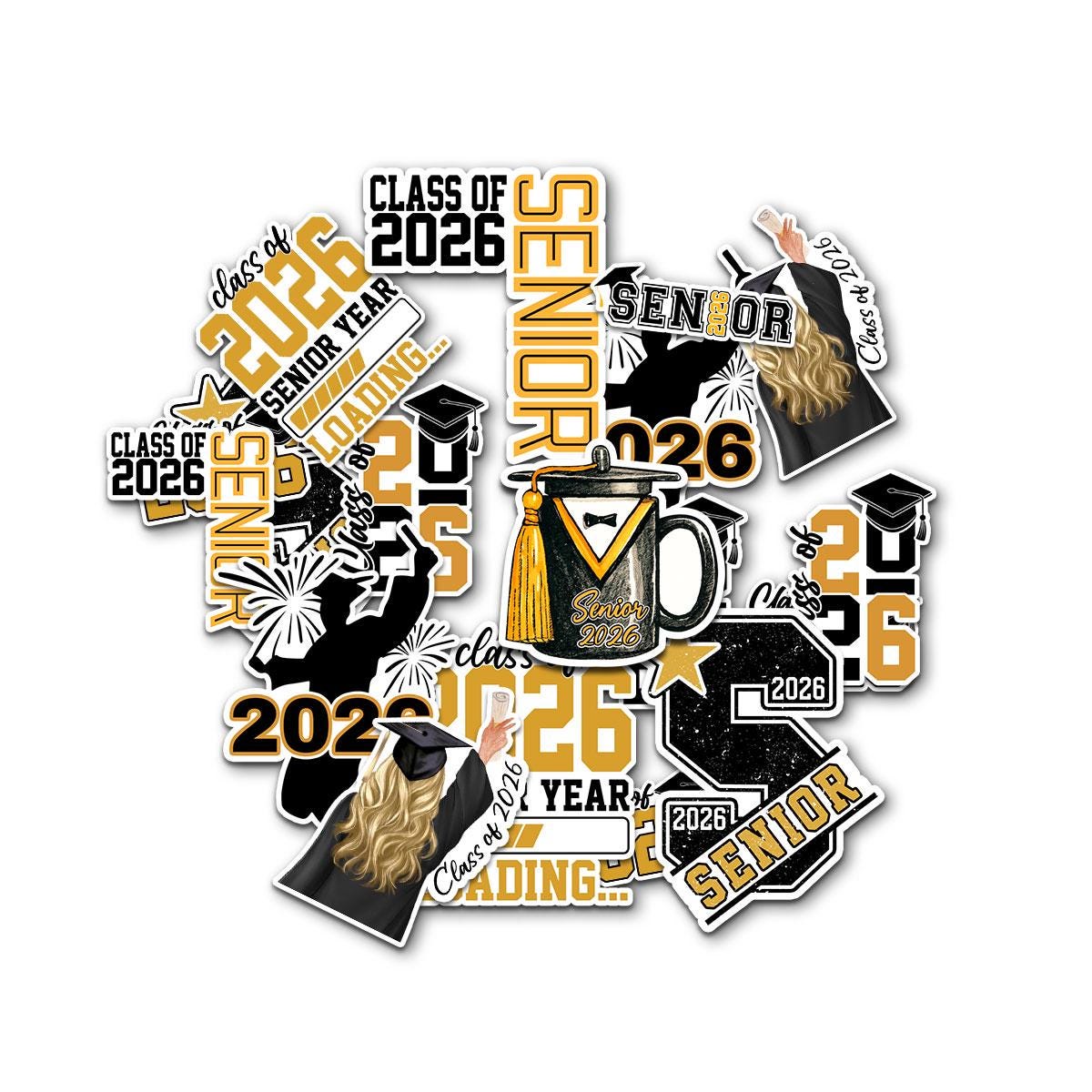 10 Pcs Senior Class of 2026 Sticker Pack – 10 Vinyl Stickers, Graduation, Class Pride, Black & Gold, Senior Year, High School Graduation