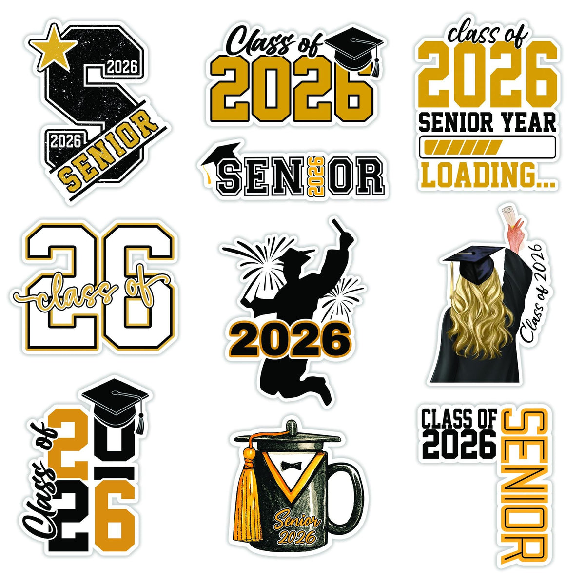10 Pcs Senior Class of 2026 Sticker Pack – 10 Vinyl Stickers, Graduation, Class Pride, Black & Gold, Senior Year, High School Graduation