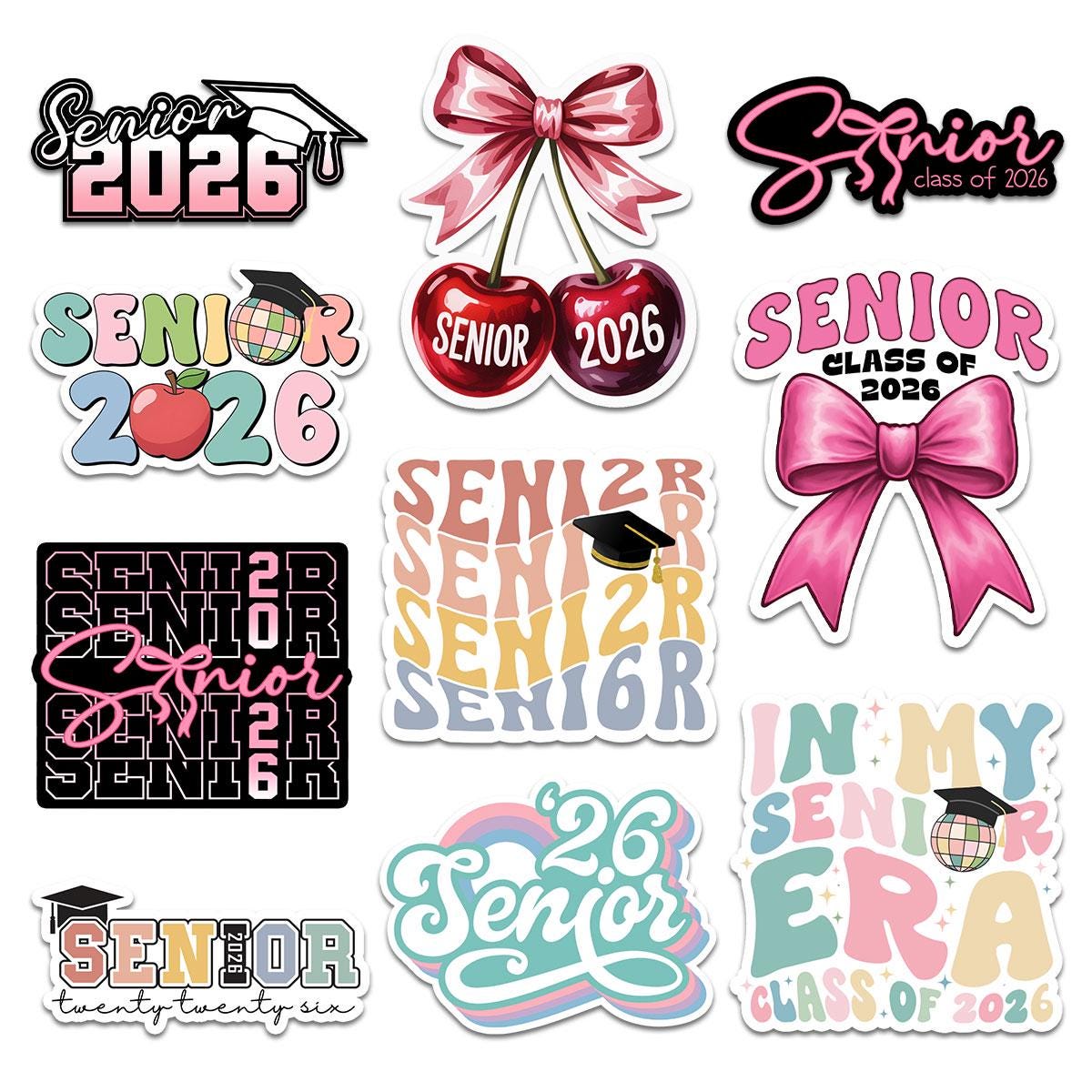 10 Pcs Senior 2026 Stickers – Graduation, Class of 2026, Pastel Senior Year Decals, Customizable Graduation Gifts, 2026 Senior Stickers