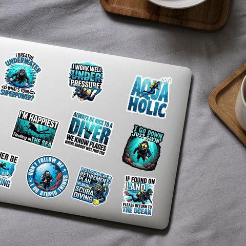 10 Pcs Scuba Diving Stickers Pack | Funny Waterproof Vinyl Diver Decals | Gift for Ocean & Dive Lovers