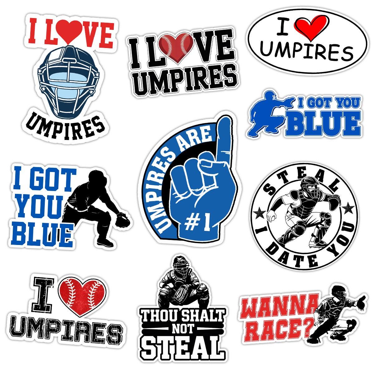 10 Pcs Umpire Stickers Pack | Funny Baseball Vinyl Decals | I Love Umpires Gifts for Catchers & Fans – Waterproof