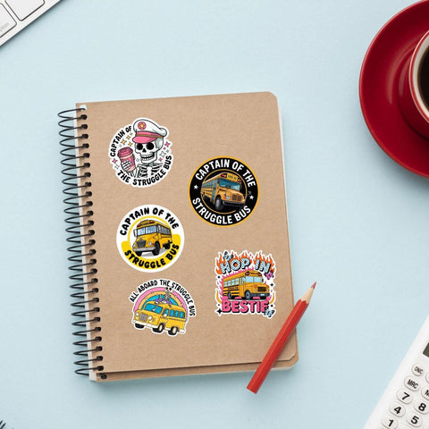 10 Pcs Struggle Bus Stickers Pack | Funny Meme Skeleton Decals | Mental Health Humor Gift for Friends – Waterproof Stickers
