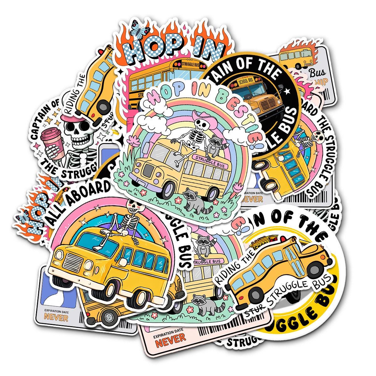 10 Pcs Struggle Bus Stickers Pack | Funny Meme Skeleton Decals | Mental Health Humor Gift for Friends – Waterproof Stickers
