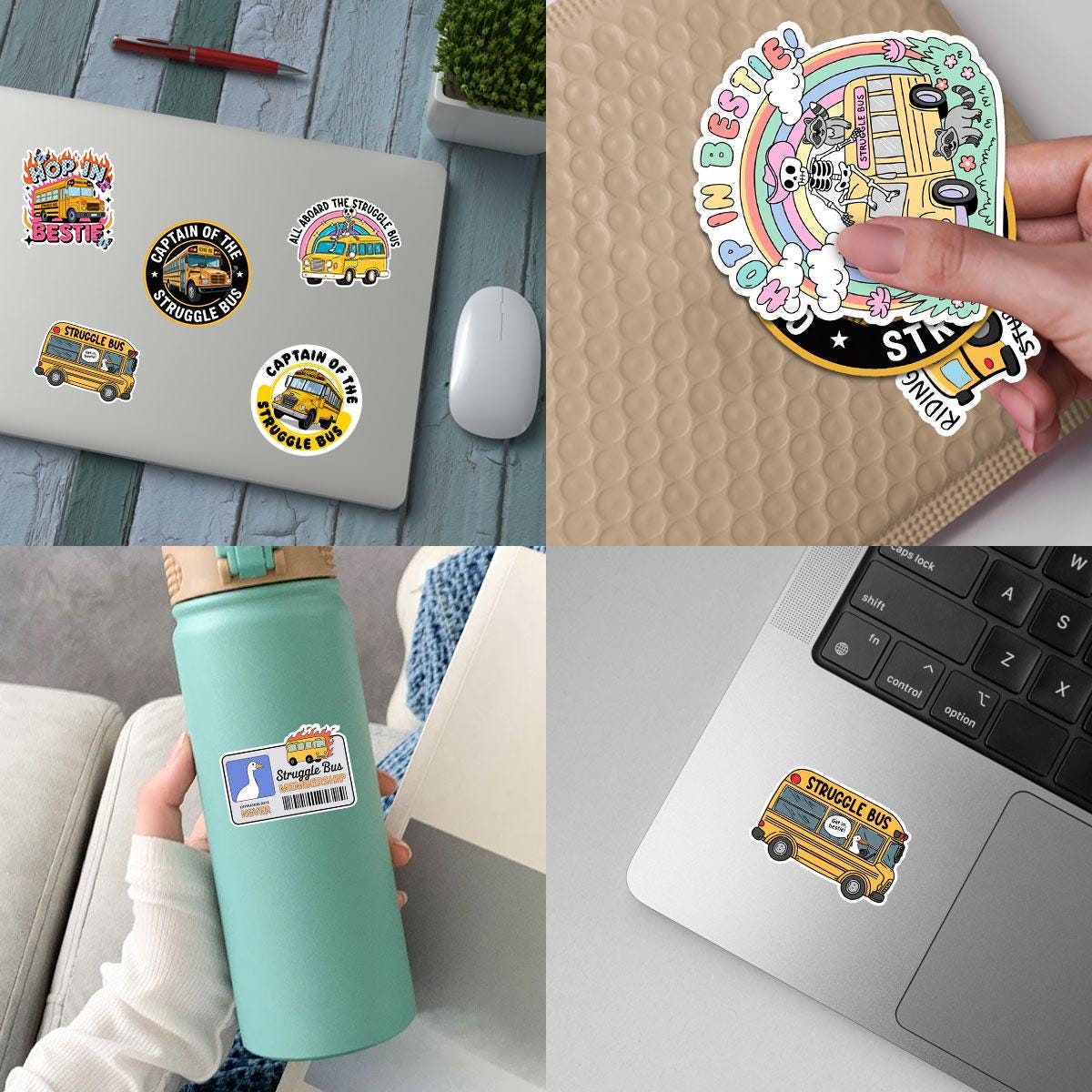 10 Pcs Struggle Bus Stickers Pack | Funny Meme Skeleton Decals | Mental Health Humor Gift for Friends – Waterproof Stickers