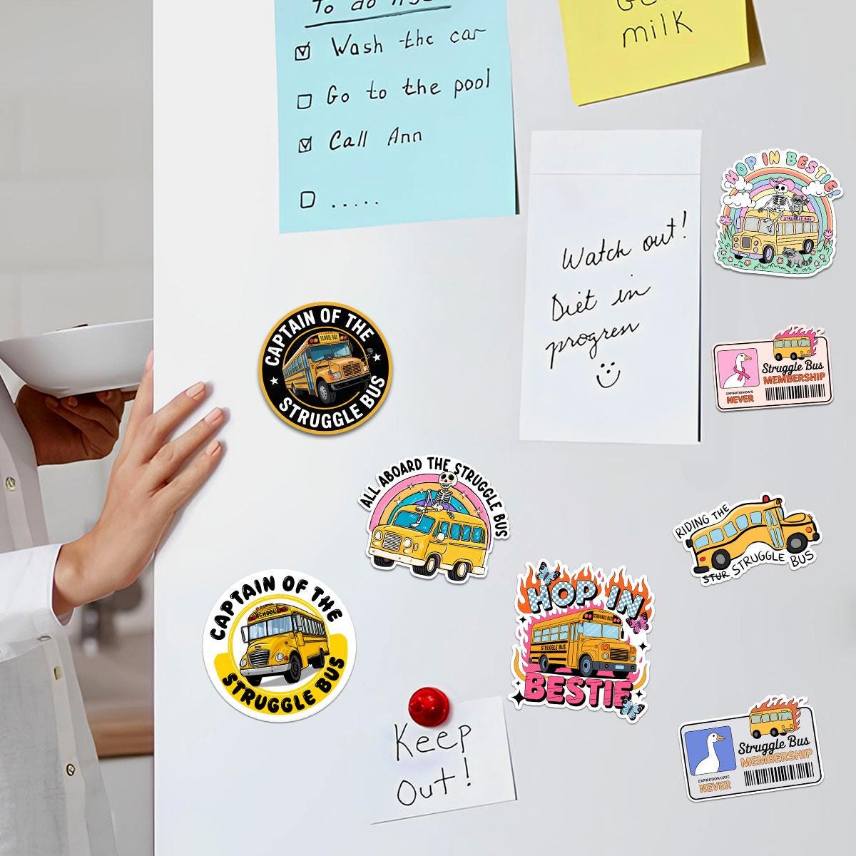 10 Pcs Struggle Bus Stickers Pack | Funny Meme Skeleton Decals | Mental Health Humor Gift for Friends – Waterproof Stickers