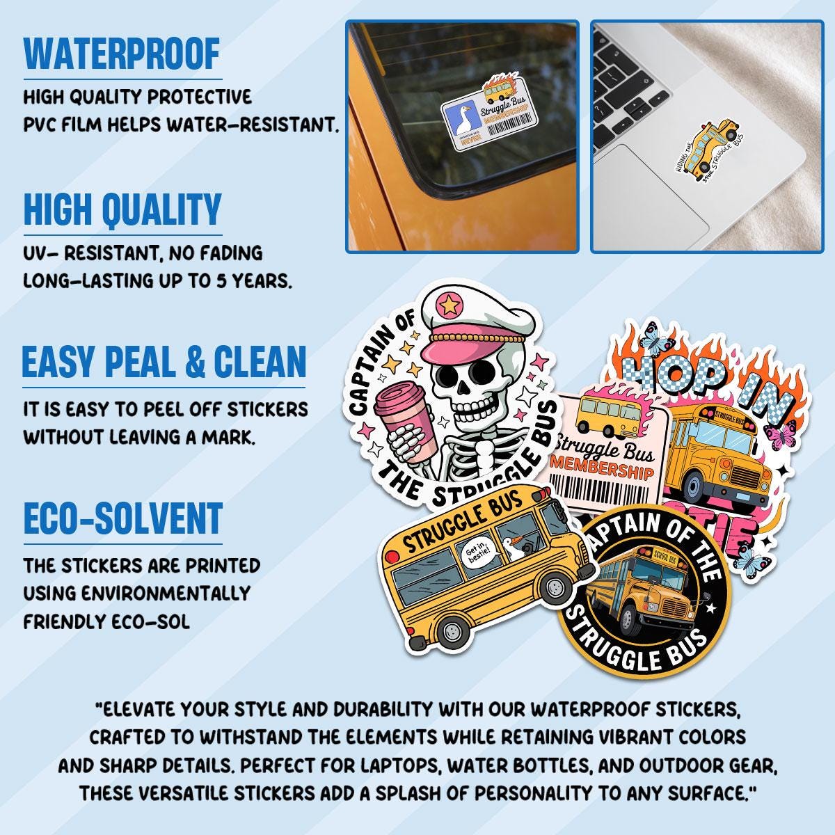 10 Pcs Struggle Bus Stickers Pack | Funny Meme Skeleton Decals | Mental Health Humor Gift for Friends – Waterproof Stickers