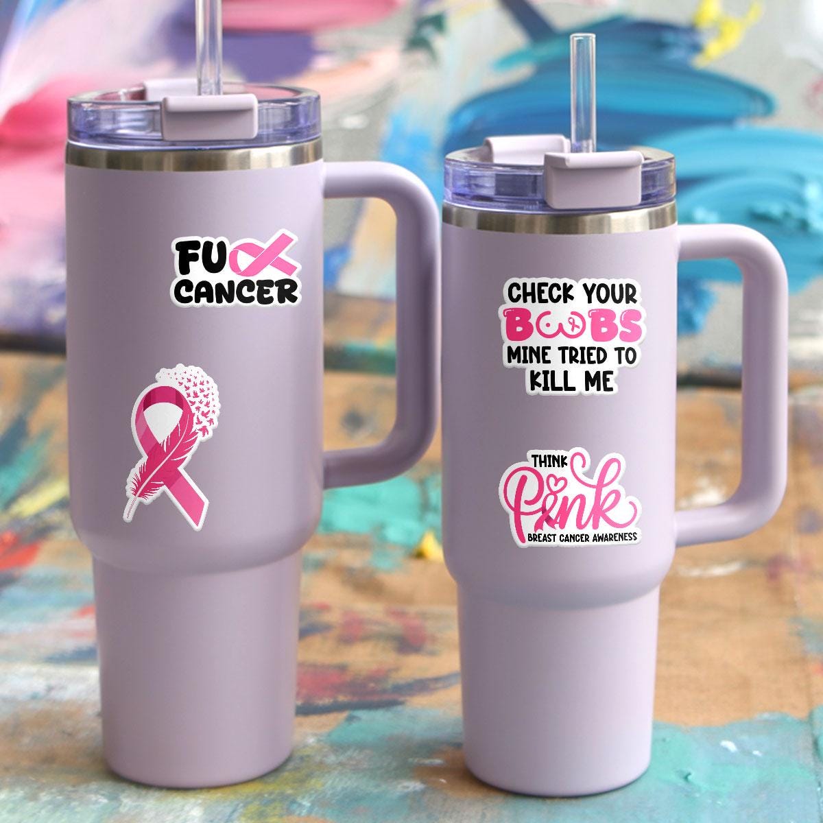10 Pcs Breast Cancer Stickers Pack | Bold Pink Ribbon Awareness Decals | Funny FU Cancer Gift for Warriors & Survivors