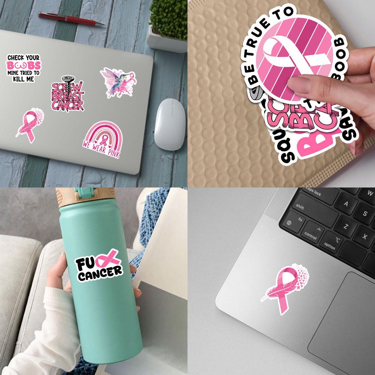 10 Pcs Breast Cancer Stickers Pack | Bold Pink Ribbon Awareness Decals | Funny FU Cancer Gift for Warriors & Survivors