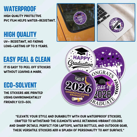 10 Pcs Class of 2026 Graduation Stickers | Purple Congrats Vinyl Decals | Senior Gift for Grads & Scrapbooks