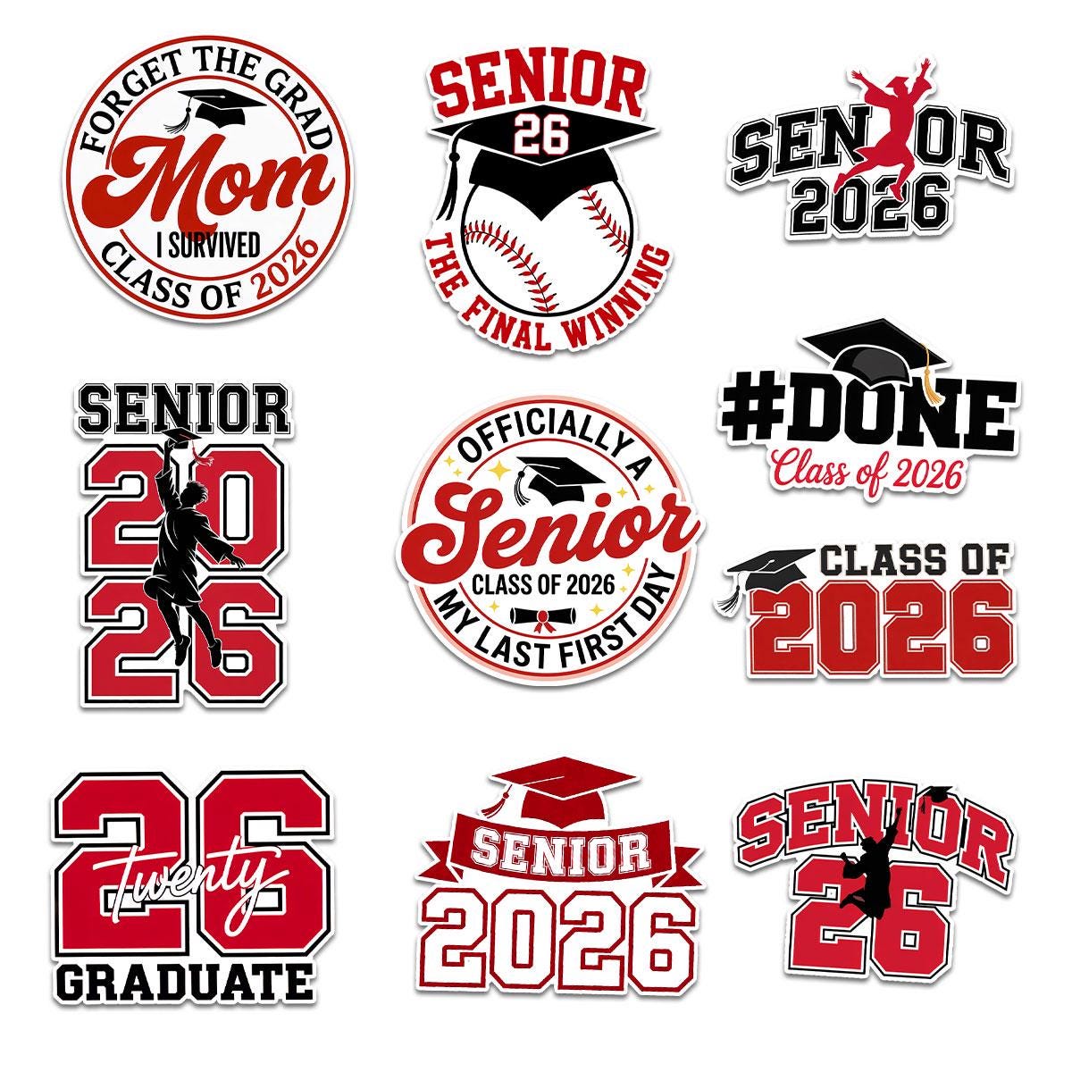 10 Pcs Class of 2026 Graduation Stickers | Bold Red Senior Vinyl Decals | Gift for Grads, Moms & Scrapbooks