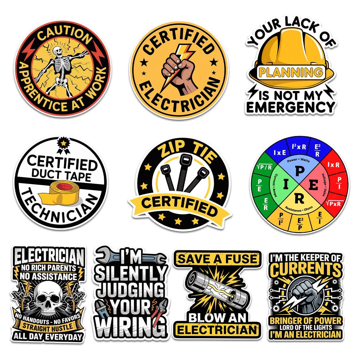 10 Pcs Electrician Stickers Pack | Funny Electrical Vinyl Decals | Certified Apprentice Gift for Lineman & Technicians