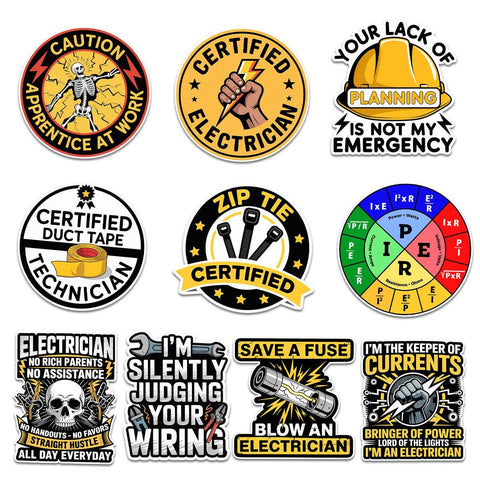 10 Pcs Electrician Stickers Pack | Funny Electrical Vinyl Decals | Certified Apprentice Gift for Lineman & Technicians