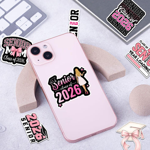 10 Pcs Class of 2026 Senior Stickers | Pink Graduation Vinyl Decals | Fun & Cute Gift for Grads, Water Bottles, Scrapbooks