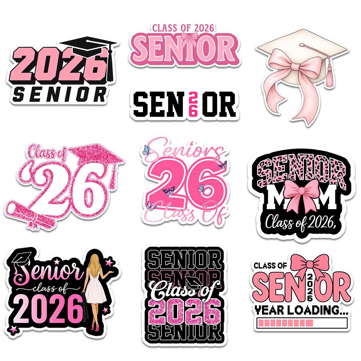 10 Pcs Class of 2026 Senior Stickers | Pink Graduation Vinyl Decals | Fun & Cute Gift for Grads, Water Bottles, Scrapbooks