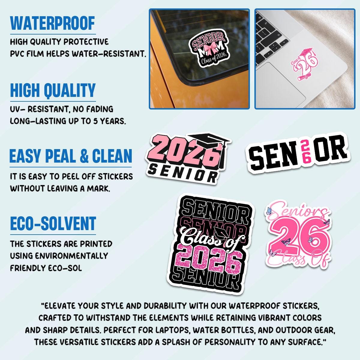 10 Pcs Class of 2026 Senior Stickers | Pink Graduation Vinyl Decals | Fun & Cute Gift for Grads, Water Bottles, Scrapbooks