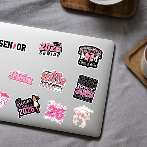 10 Pcs Class of 2026 Senior Stickers | Pink Graduation Vinyl Decals | Fun & Cute Gift for Grads, Water Bottles, Scrapbooks