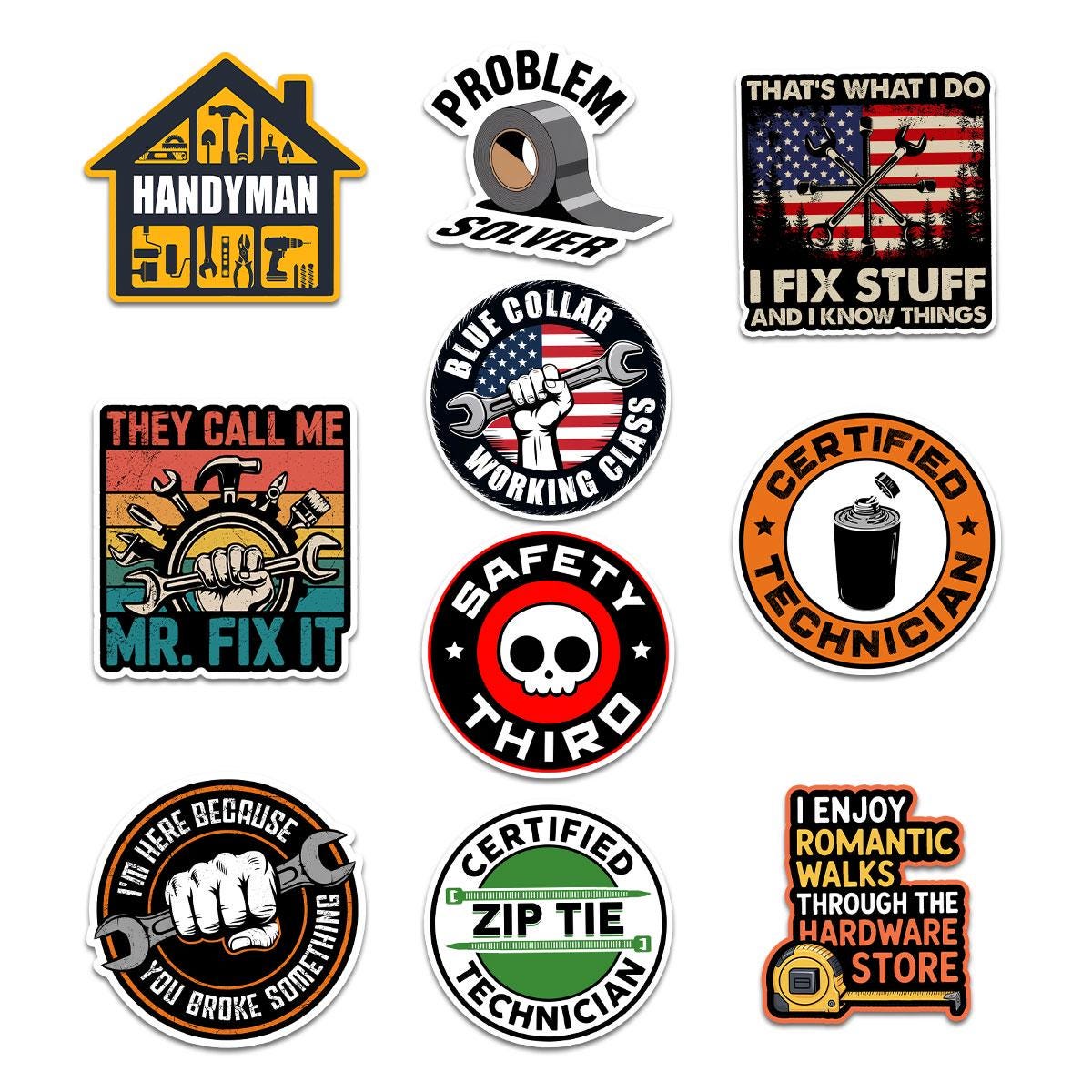 10 Pcs Handyman & Blue Collar Stickers Pack | Funny Technician Vinyl Decals | Gift for Mr. Fix It, Plumbers and DIYers