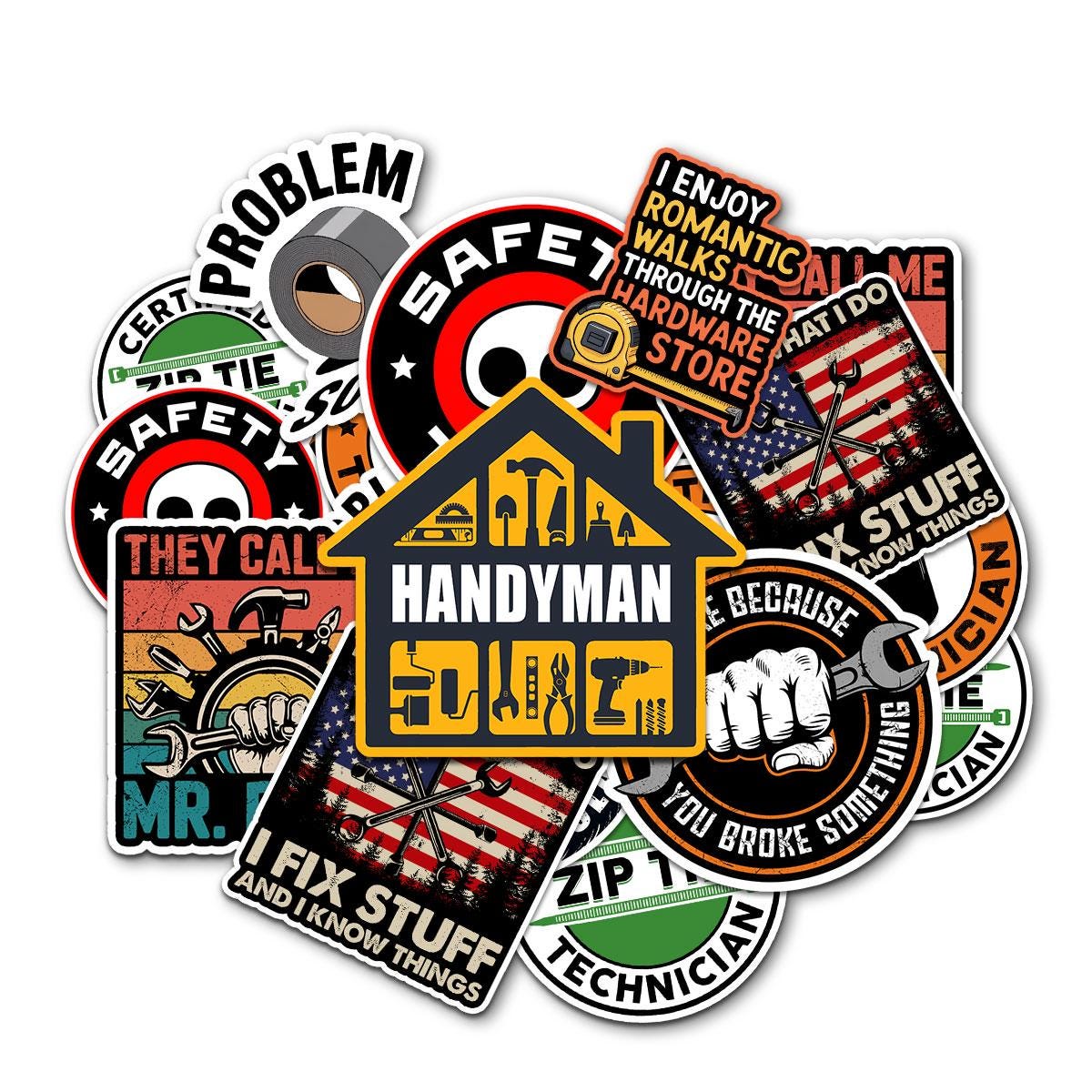 10 Pcs Handyman & Blue Collar Stickers Pack | Funny Technician Vinyl Decals | Gift for Mr. Fix It, Plumbers and DIYers