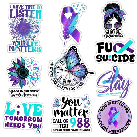 10 Pcs Suicide Awareness Stickers Pack | Mental Health & Prevention Vinyl Decals | Inspirational and Supportive Stickers